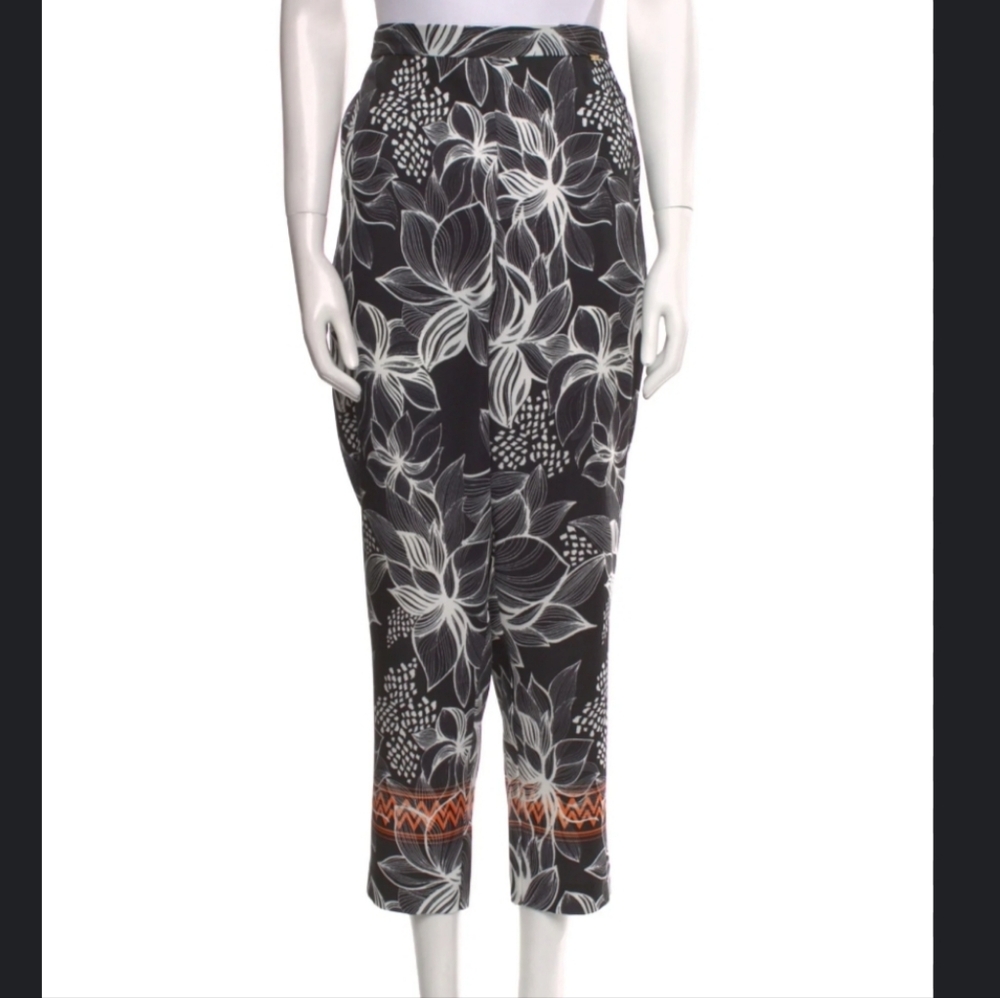 St. John Straight Leg Crop Pants Black & White Floral W/Orange Sz. S